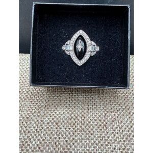 Black Onyx-Style Marquise CZ Halo Ring Sterling Silver Plated Size 6